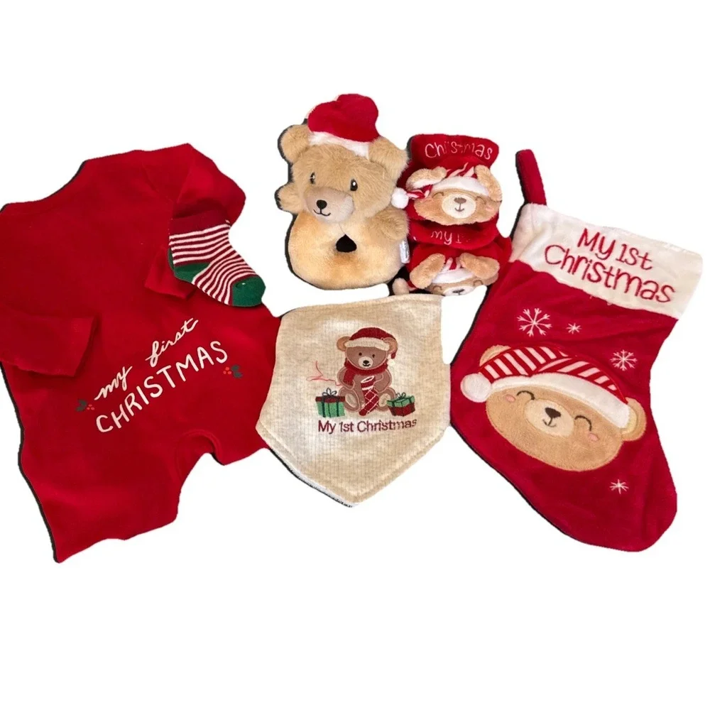 Baby's 1st Christmas Gift Basket Stocking Outfit Booties Bib Socks Lovey Rattle